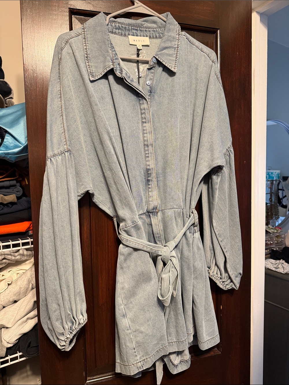 Washed Light Blue Denim Tie-Waist Romper by MUSEL